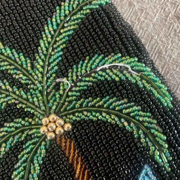 Beaded Tropical Crossbody Purse with Palm Tree Black 7" x 6" Flawed! - Picture 3 of 6
